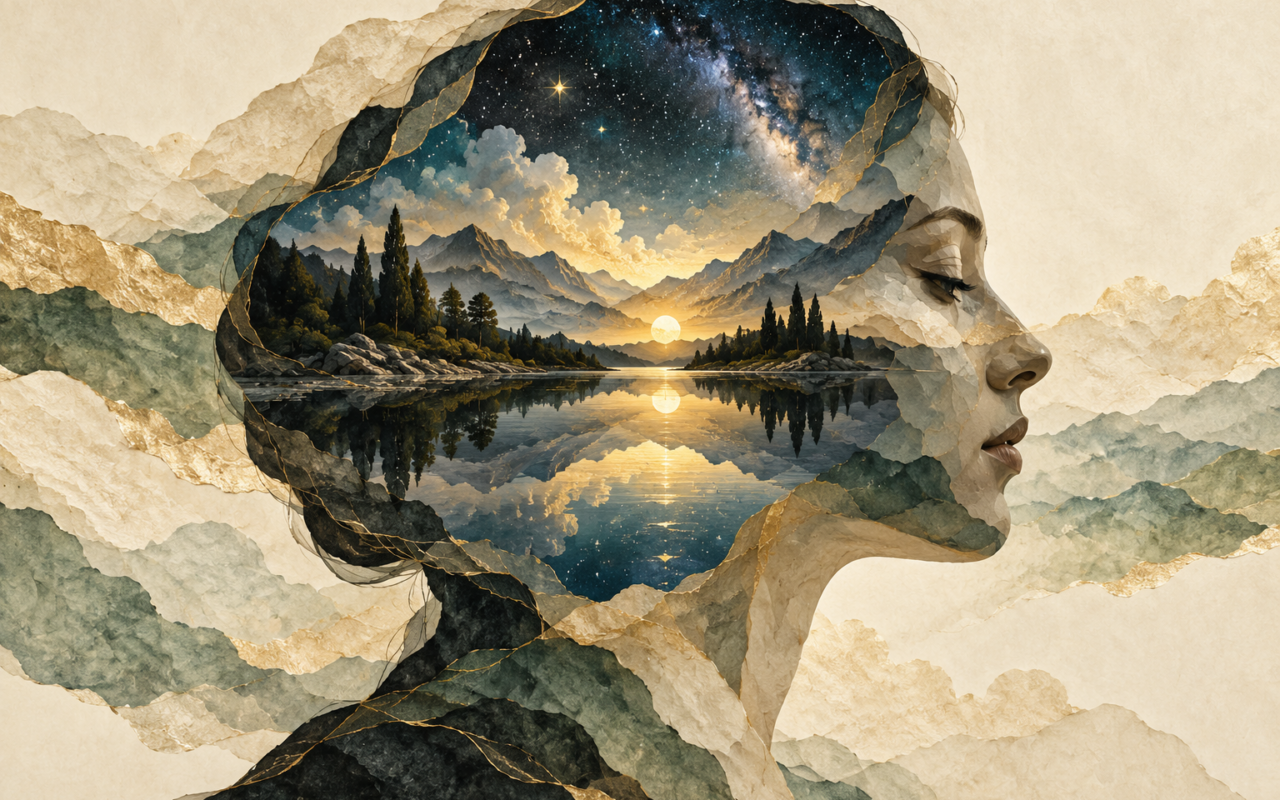 Conceptual illustration of a human profile filled with a mountain lake, sunrise and starry sky.