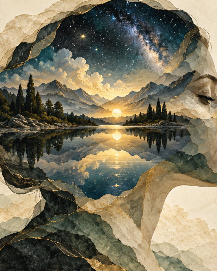Conceptual illustration of a human profile filled with a mountain lake, sunrise and starry sky.