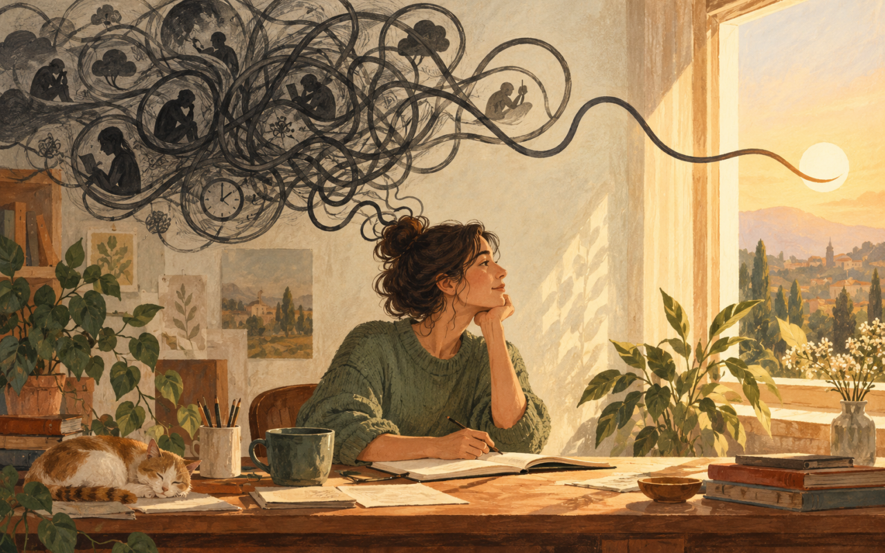Illustration of a woman at a desk as tangled thought loops unwind toward a sunlit window.