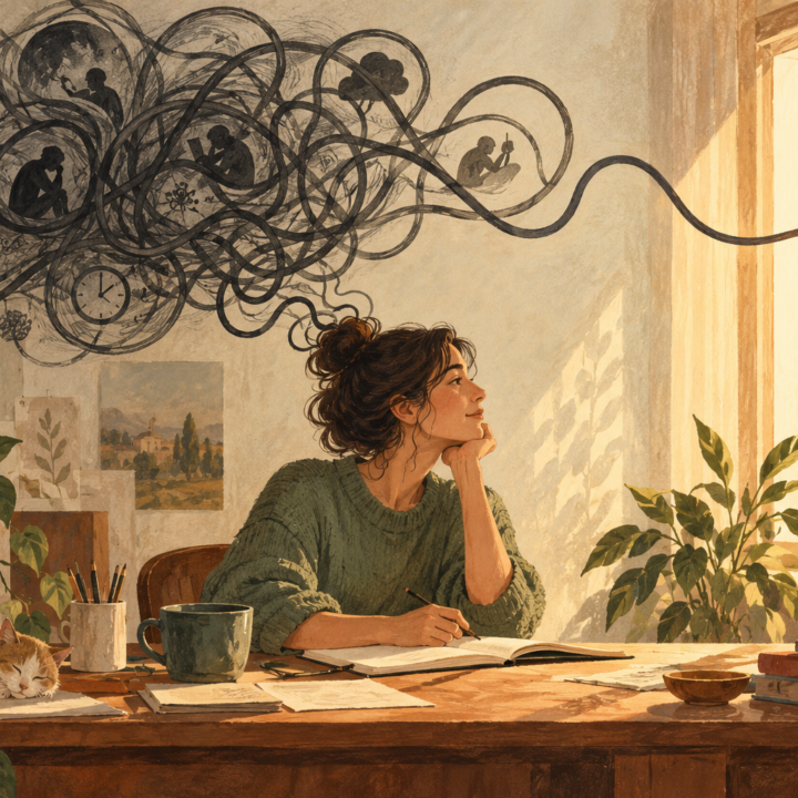 Illustration of a woman at a desk as tangled thought loops unwind toward a sunlit window.