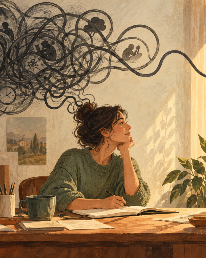 Illustration of a woman at a desk as tangled thought loops unwind toward a sunlit window.
