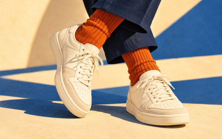 Illustration of burnt-orange socks worn with ivory sneakers and navy trousers in warm sunlight.
