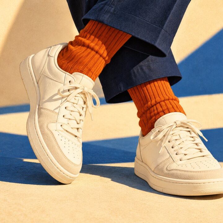 Illustration of burnt-orange socks worn with ivory sneakers and navy trousers in warm sunlight.
