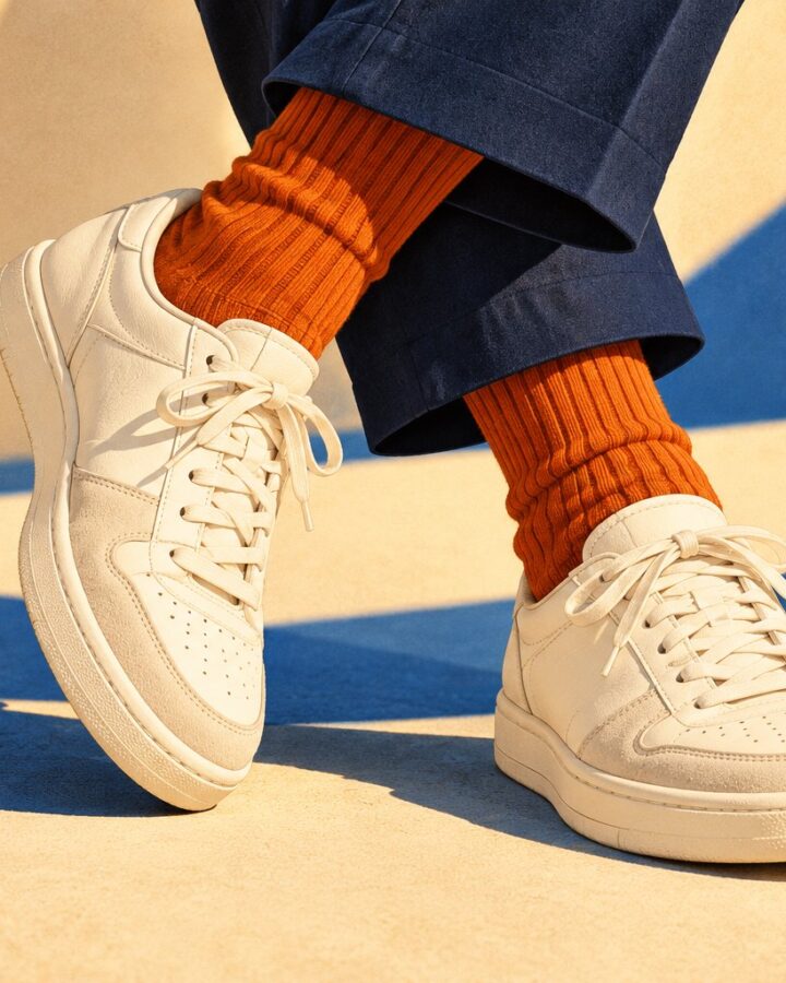 Illustration of burnt-orange socks worn with ivory sneakers and navy trousers in warm sunlight.