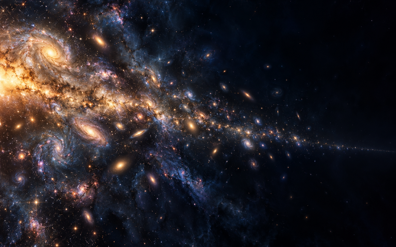 Artistic illustration of luminous galaxies and stars fading into a vast dark expanse.
