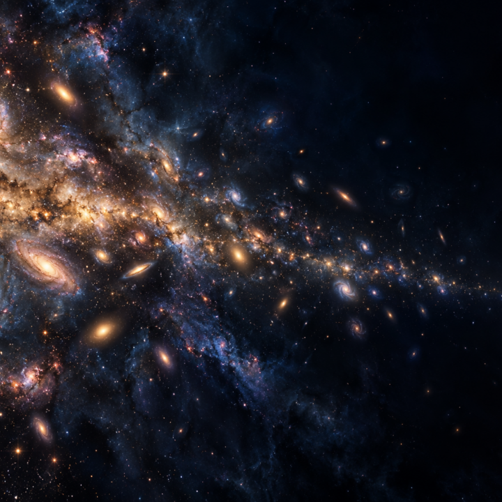 Artistic illustration of luminous galaxies and stars fading into a vast dark expanse.