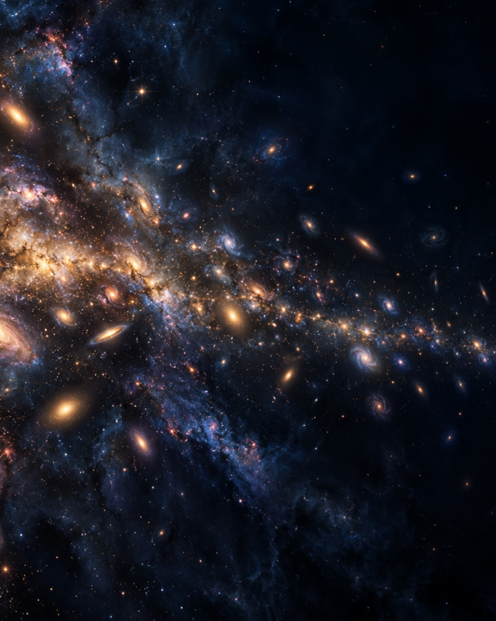 Artistic illustration of luminous galaxies and stars fading into a vast dark expanse.