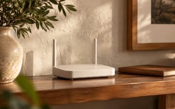 An unbranded internet router on a shelf.