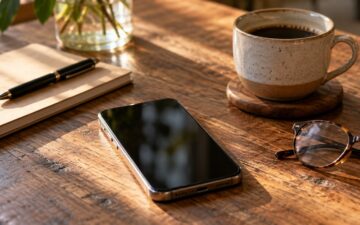A smartphone beside glasses and a notebook.