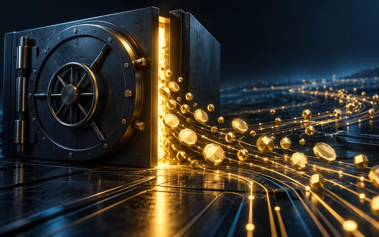 Conceptual illustration of golden digital assets escaping from a breached vault