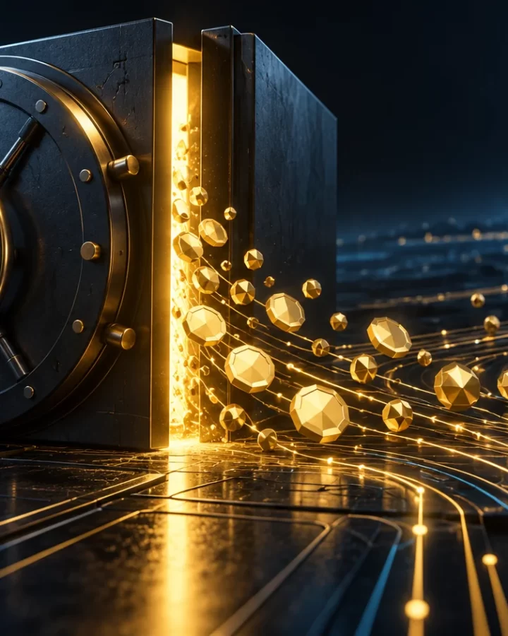 Conceptual illustration of golden digital assets escaping from a breached vault