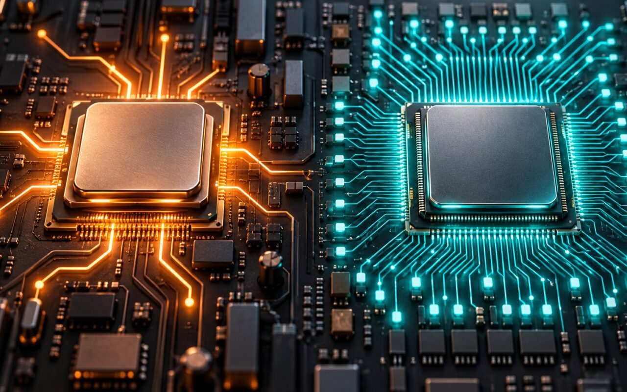 Conceptual CPU and GPU chips with orange branching paths and teal parallel paths