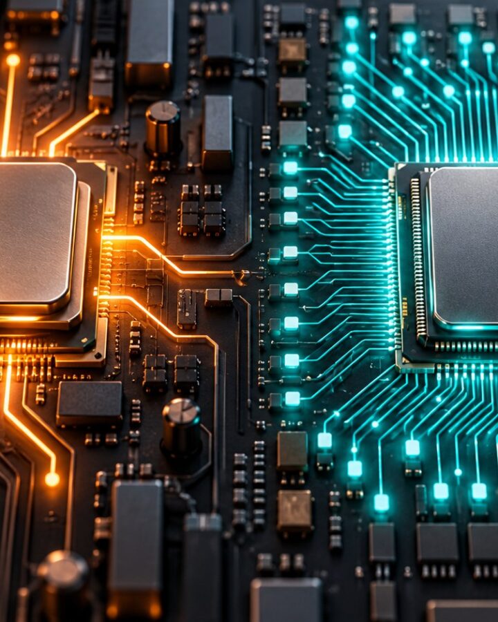 Conceptual CPU and GPU chips with orange branching paths and teal parallel paths