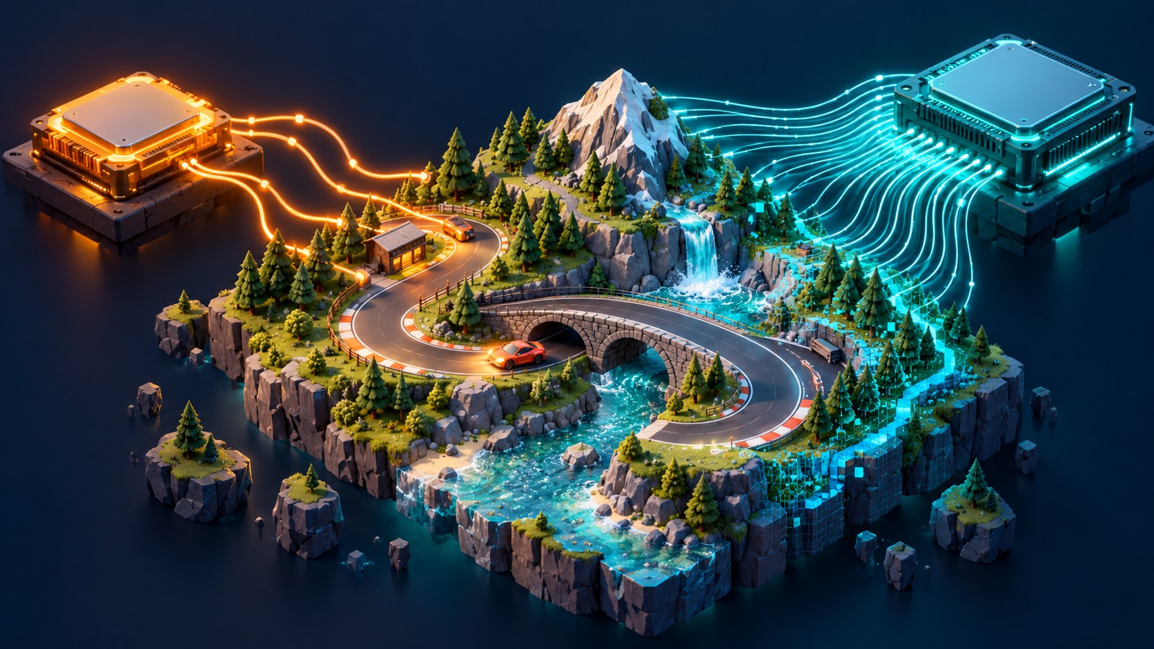 Orange and teal processors working together to build a miniature racing game scene