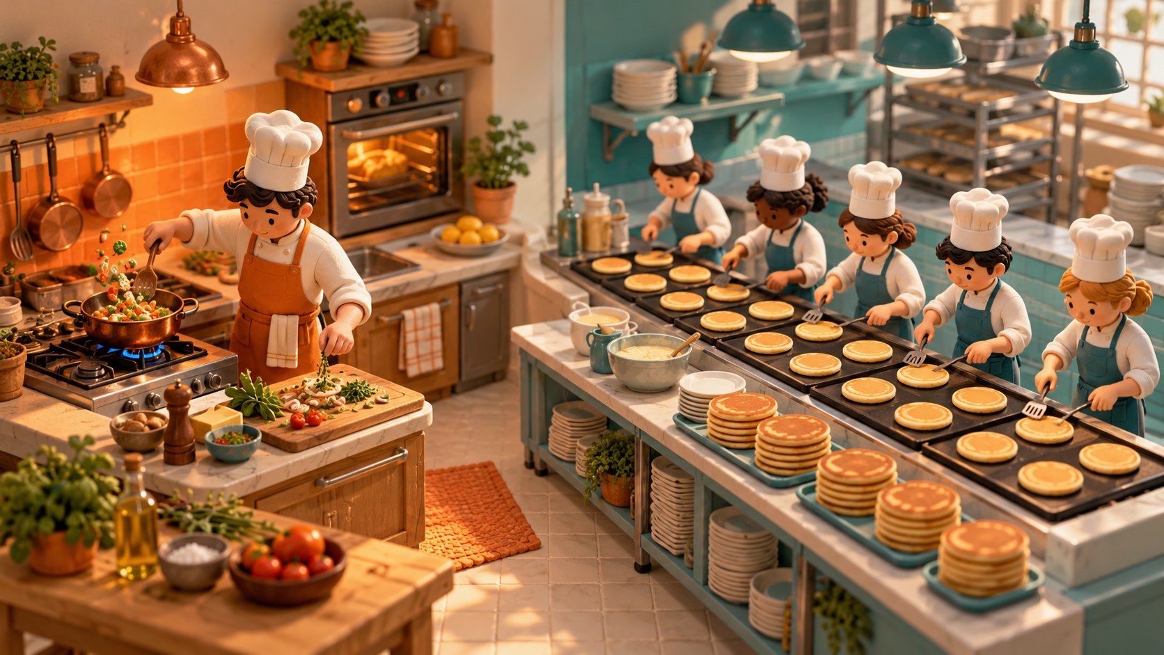 A chef handling different kitchen jobs beside a team making pancakes, illustrating CPU and GPU processing
