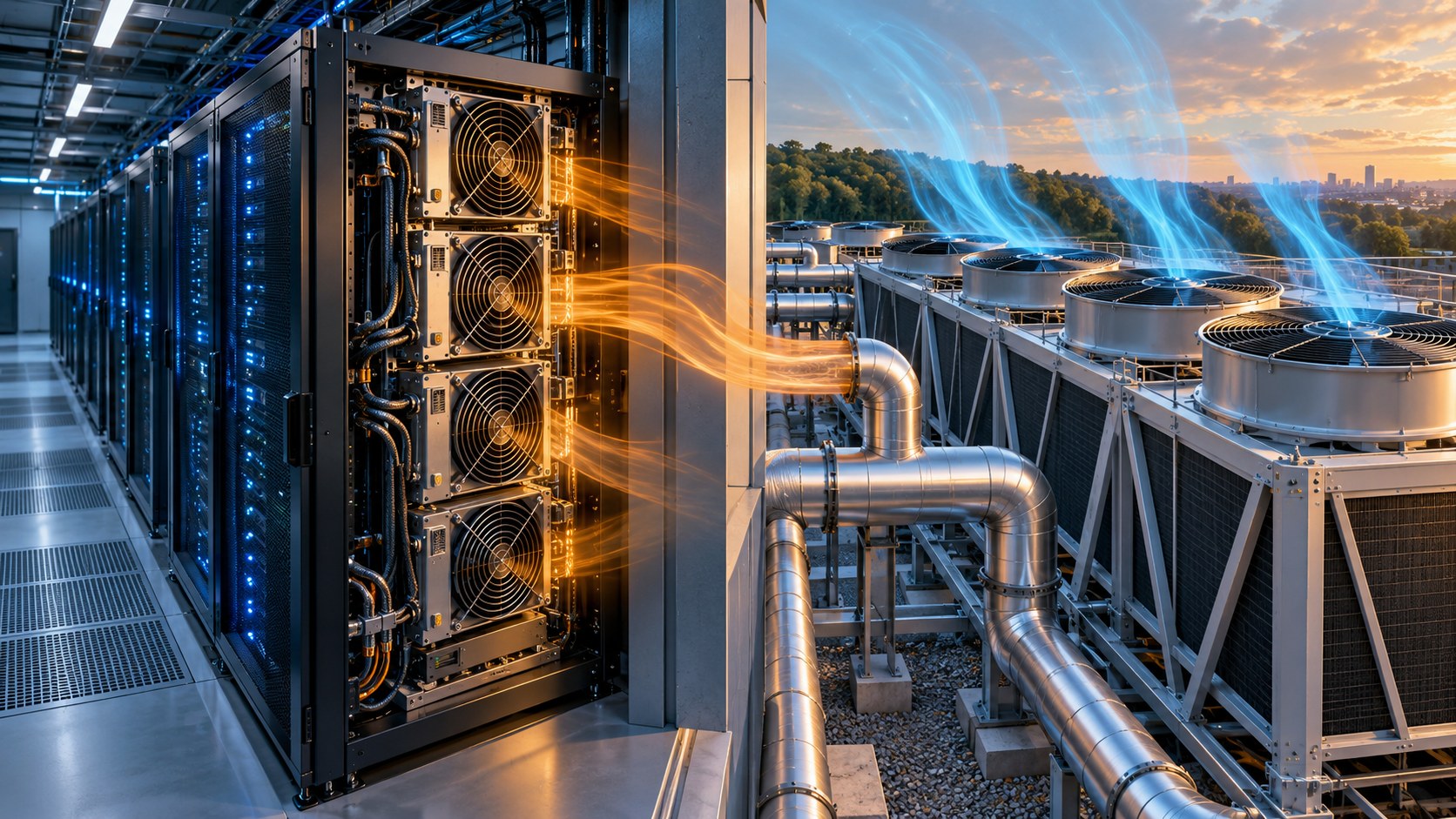 Conceptual illustration of server fans and outdoor cooling equipment moving heat away