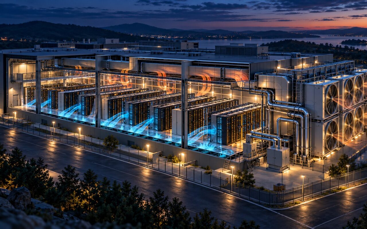 Cutaway illustration of a data centre with server racks and outdoor cooling fans