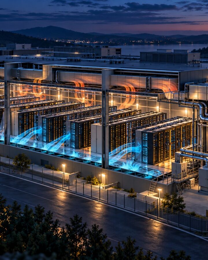 Cutaway illustration of a data centre with server racks and outdoor cooling fans