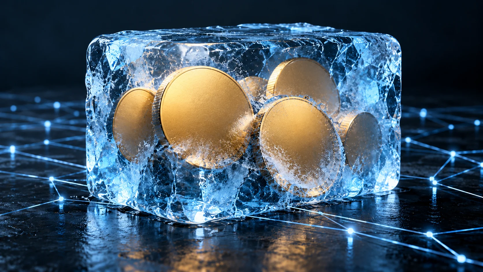 Conceptual illustration of digital assets held inside a block of ice