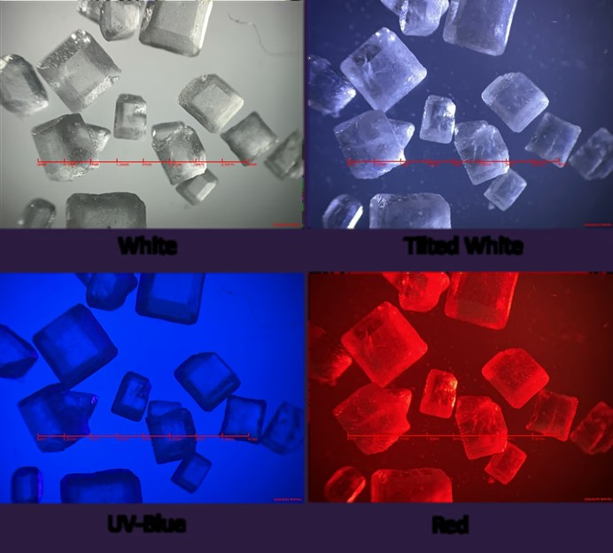 Sugar crystals under white, angled white, blue UV and red lighting with iMicro XL15