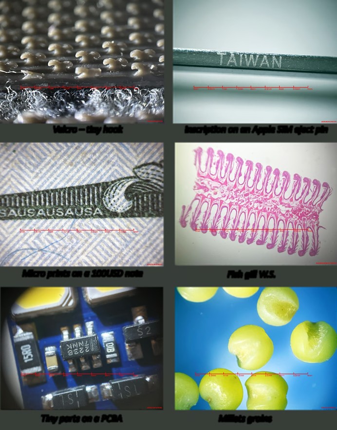 iMicro XL15 sample images of fabric, printed lettering, circuit boards and other tiny details