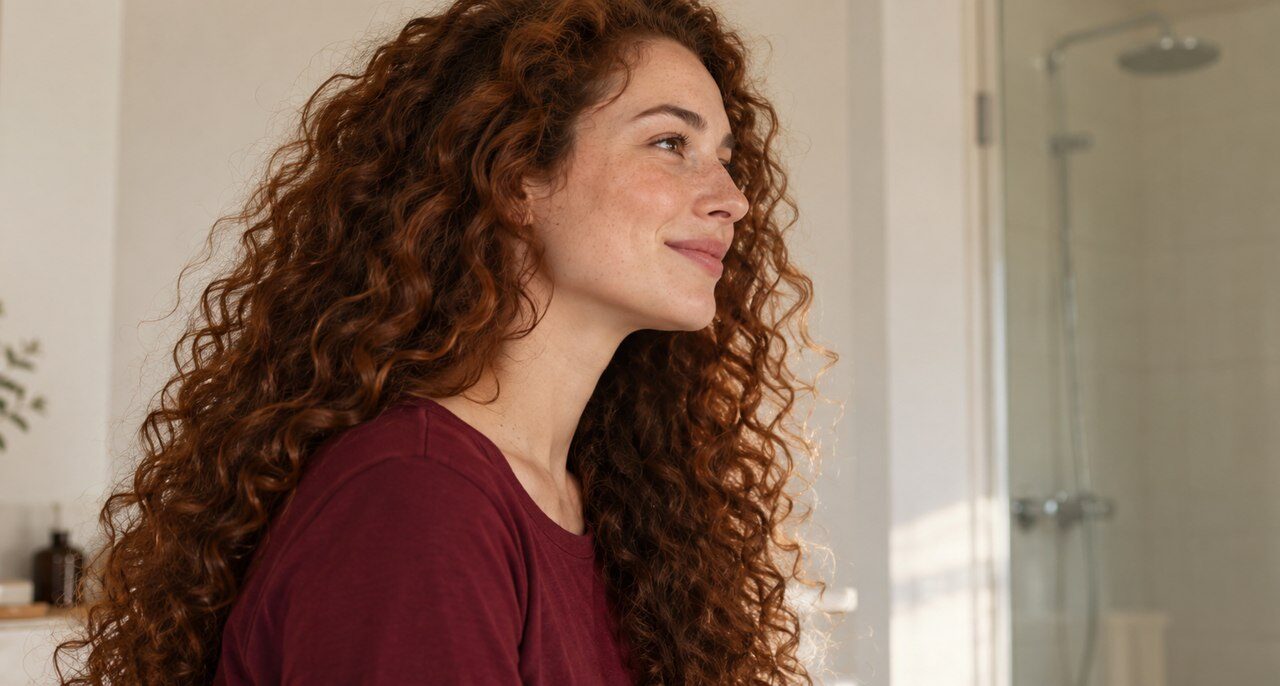 A woman with long natural curls in a bright bathroom.