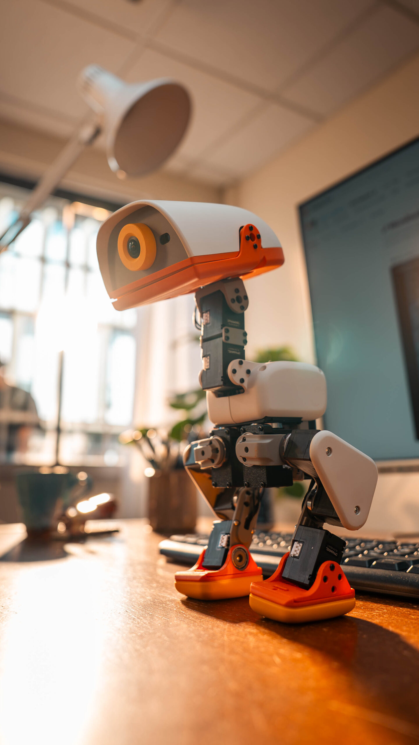 Microduck robot standing on a desk in warm light