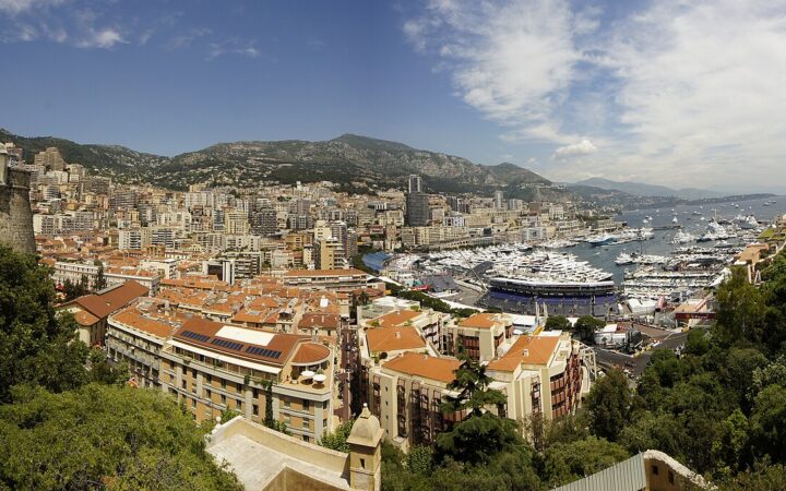 Panoramic photograph of Monaco and the yachts in Port Hercule.