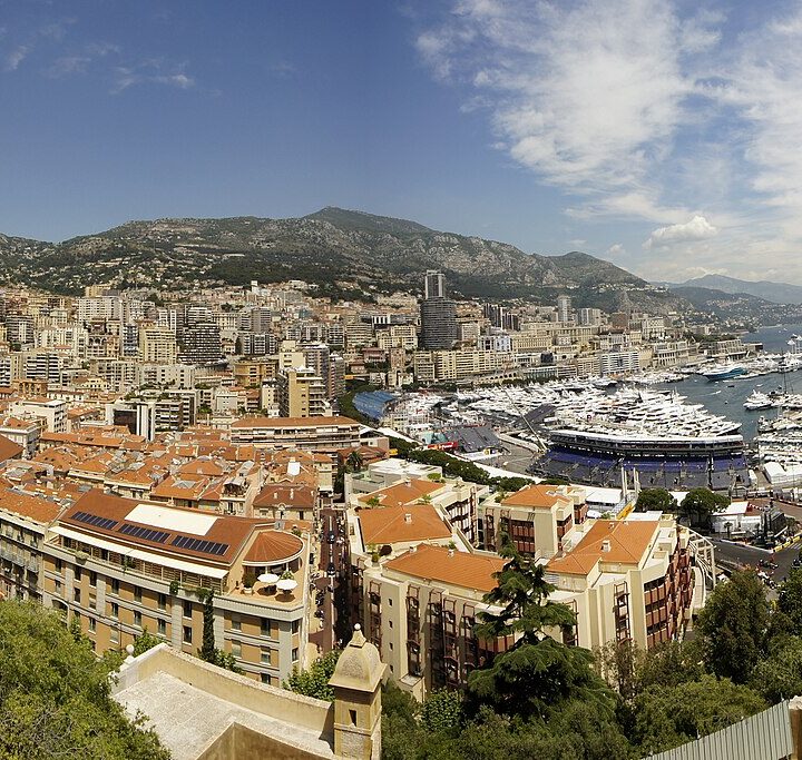 Panoramic photograph of Monaco and the yachts in Port Hercule.