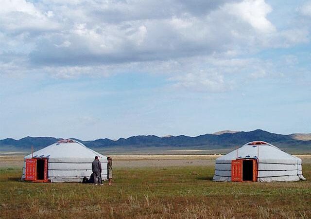 Two traditional white gers on an open grassy Mongolian steppe.