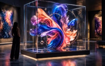 Colorful abstract digital artwork displayed inside a glass frame in a contemporary gallery.