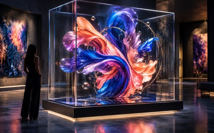 Colorful abstract digital artwork displayed inside a glass frame in a contemporary gallery.