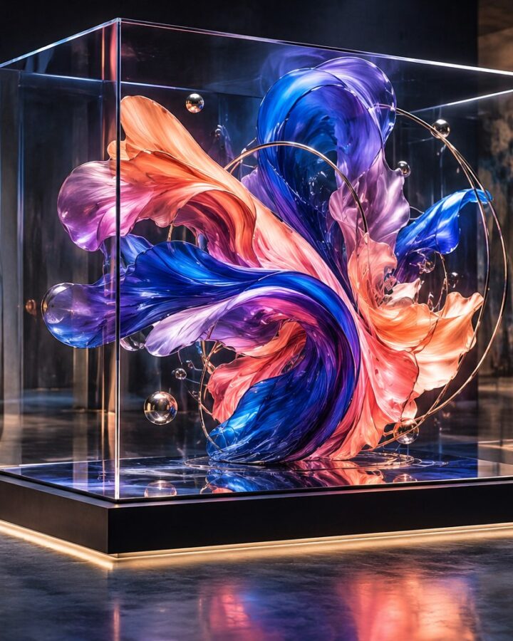 Colorful abstract digital artwork displayed inside a glass frame in a contemporary gallery.