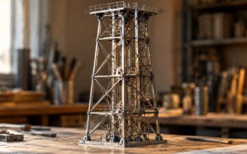 A small steel lattice structure on an engineering workbench.