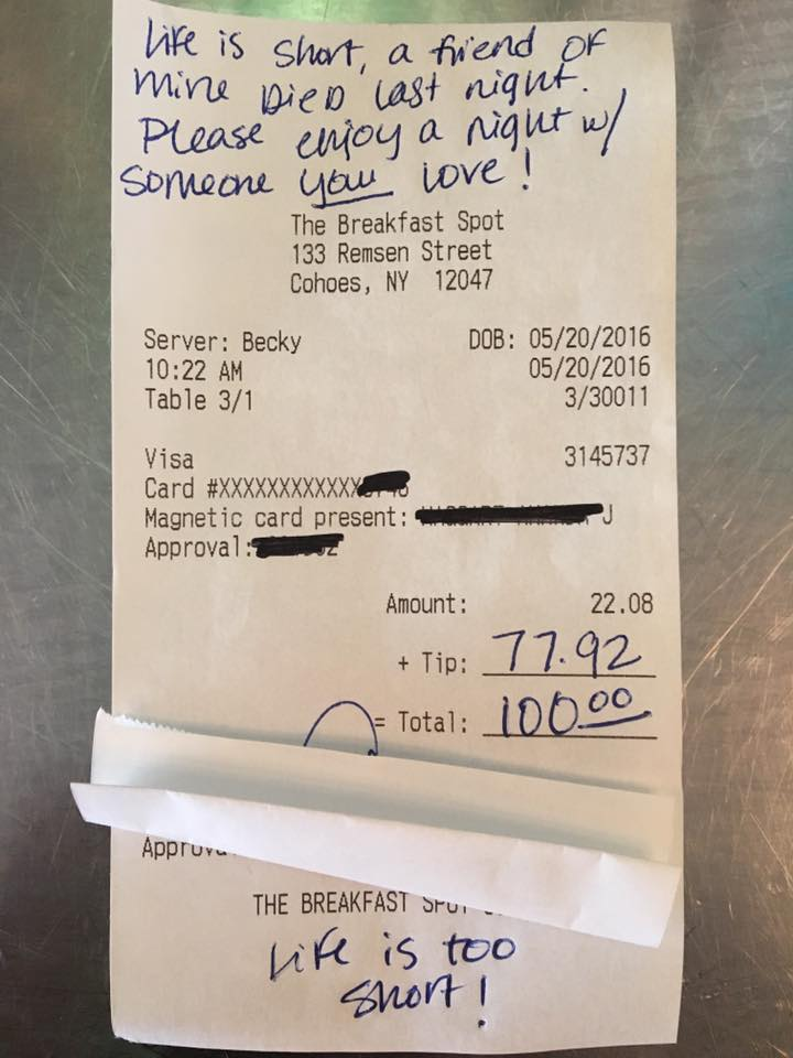 inspiring story of kindness that a Life is short, a note left by a customer on bill and leaving a big tip